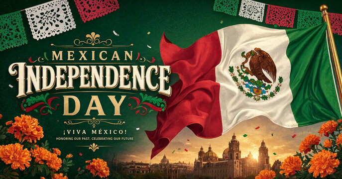 Mexican independence day promotional banner with green background and waving flag