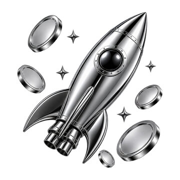 Chrome Rocket with Floating Coins, Cryptocurrency Investment and To the Moon Concept