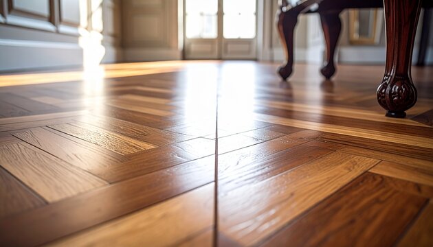 Polished Parquet Floor in Luxury Home Design Interior with Classic Wooden Furniture Legs