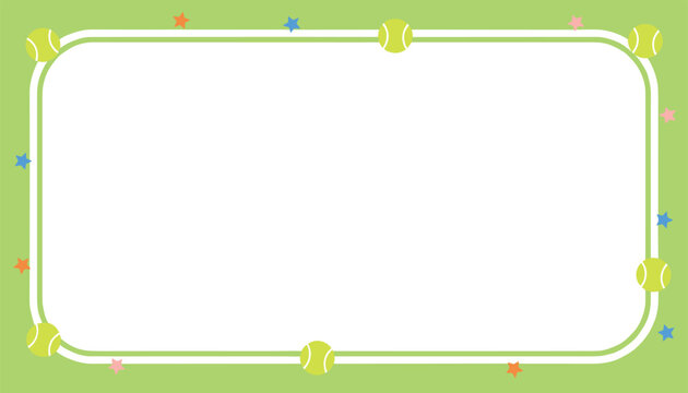 Green sporty border frame design decorated with tennis balls and colorful stars on a white background.
