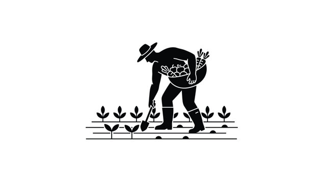 Detailed black silhouette illustration of a hard-working farmer harvesting fresh vegetables in a crop row field.