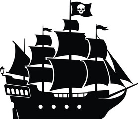 Black silhouette of a pirate ship with skull flag icon © VectorCraft BD