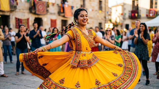 Mujer sonriente bailando con vestido tradicional amarillo en un festival cultural al aire libre, rodeada de p&uacute;blico que aplaude con entusiasmo.
