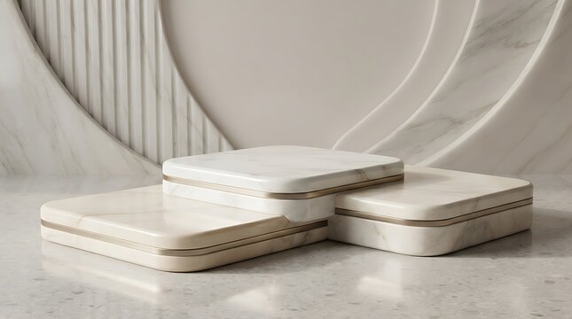 Minimalist composition of three stacked white marble square podiums for product display on a neutral background
