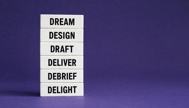 Project lifecycle concept with stacked blocks labeled dream design draft deliver debrief delight on purple background