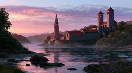 Naklejka premium Medieval European village nestled on a misty riverbank during a serene twilight sunset with soft pastel clouds