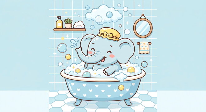Cute Kawaii Baby Elephant with Sparkly Eyes on Pastel Background, Vector Illustration