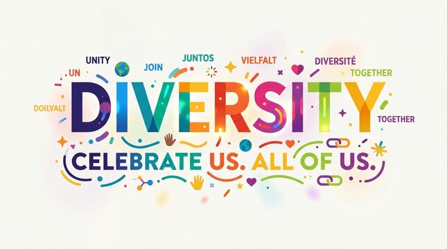 Tipograf&iacute;a colorida de diversidad con lema inclusivo y elementos multiculturales para celebraci&oacute;n social y Herencia Hispana.