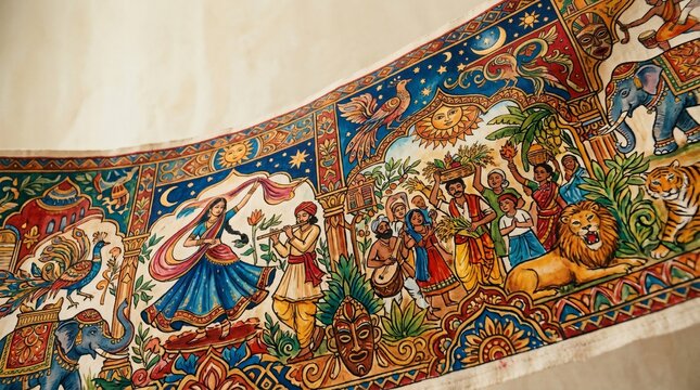 Ilustraci&oacute;n tradicional de arte folcl&oacute;rico con bailarines, m&uacute;sicos, cosecha y animales sagrados en vibrante tapiz cultural festivo.