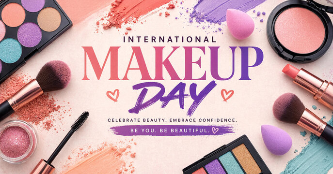 International makeup day flat lay banner with cosmetics and brushes on pink background