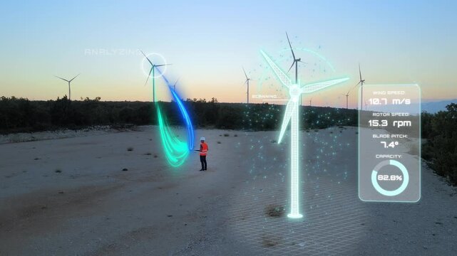 Digital twin visualization of a wind turbine displaying wind speed and rotor speed performance data for renewable energy monitoring