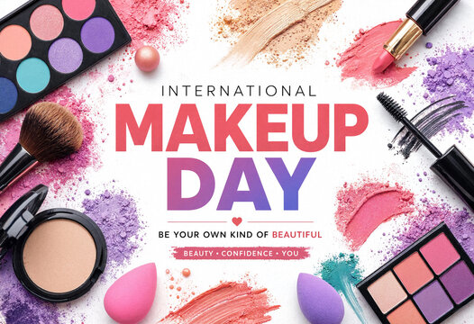 International makeup day flat lay composition with colorful cosmetics and swatches