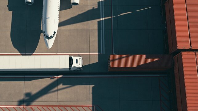 Aerial view of commercial airplane white delivery truck and stacked red shipping containers on airport tarmac shows global freight logistics and multi-modal transportation concept
