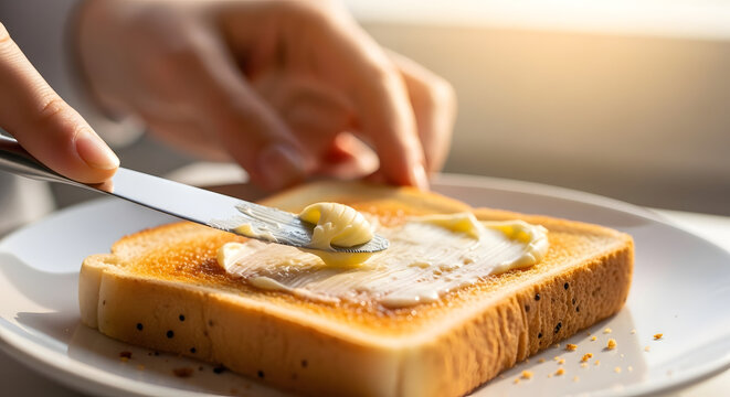 A hand spreads butter on a slice of toasted bread with golden morning light, ideal for a breakfast blog cover or food packaging design.