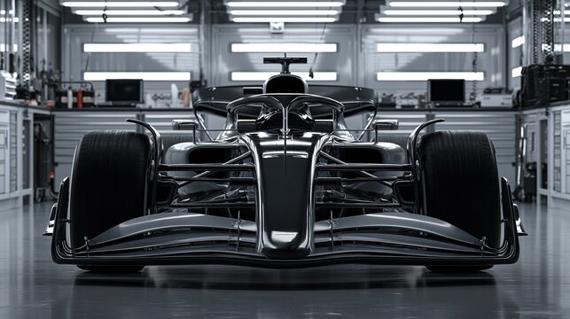 Modern black carbon fiber formula race car parked inside bright professional garage workshop ready for next motor racing competition shows high speed auto sport concept