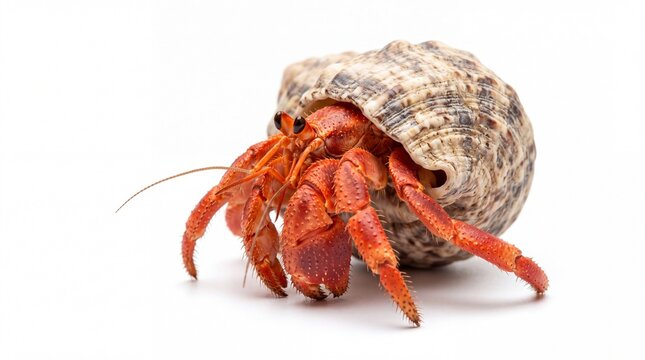A red hermit crab crawling out of its patterned sea shell