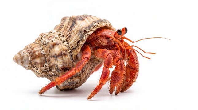 Small red hermit crab crawling in a spiral seashell