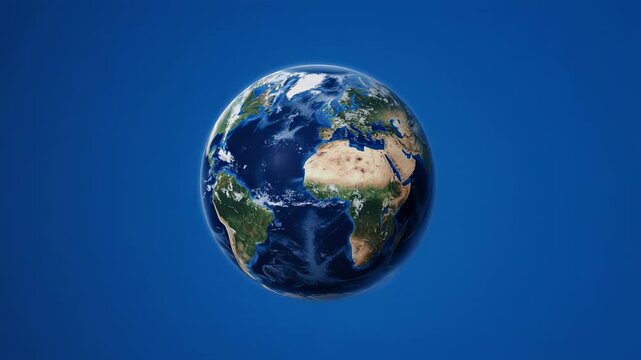 Orbital Earth rotating slowly in deep blue space with subtle cloud formations visible for global concepts