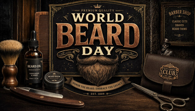 World beard day retro barber shop poster design with grooming equipment on dark background
