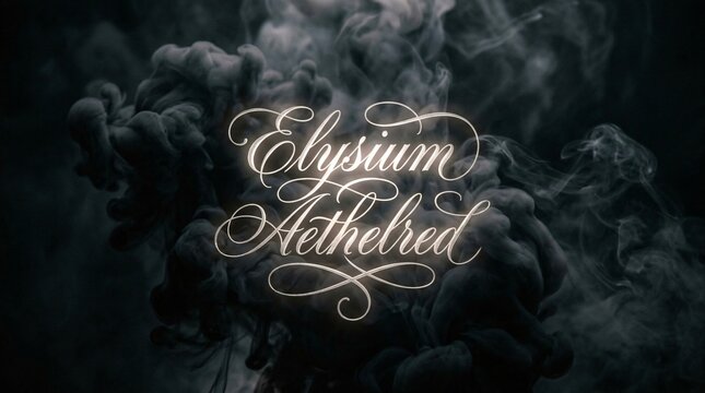 Tipograf&iacute;a caligr&aacute;fica elegante Elysium Aethelred sobre fondo abstracto de humo oscuro y misterioso, dise&ntilde;o g&oacute;tico sofisticado para arte gr&aacute;fico.