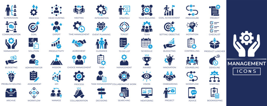 Management solid icon set. Containing management, teamwork, partnership, strategy, leadership, business, planning, employee icons collection. Vector illustration.