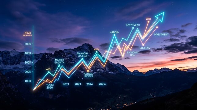 Glowing neon financial market growth graph trending upward over mountain peaks