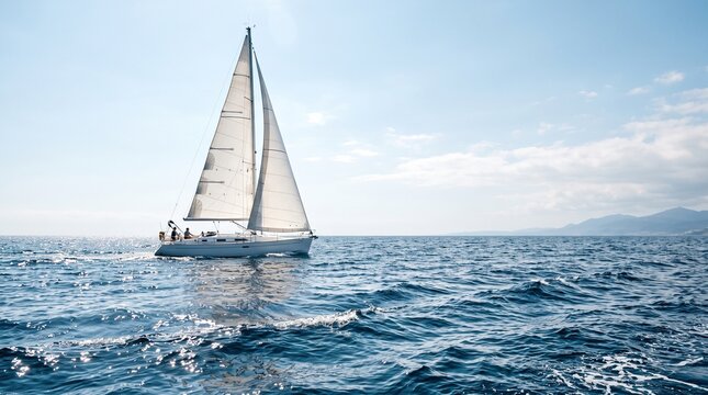White sailing yacht navigating blue ocean waters with full sails spread under bright sunny sky representing maritime adventure leisure travel activities.