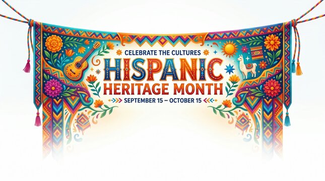 Banner festivo del Mes de la Herencia Hispana con motivos tradicionales latinoamericanos, guitarra, llama, flores y tipograf&iacute;a colorida.