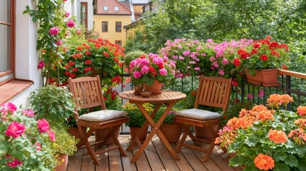 Fototapeta premium Sunny balcony with wooden furniture and colorful flowers
