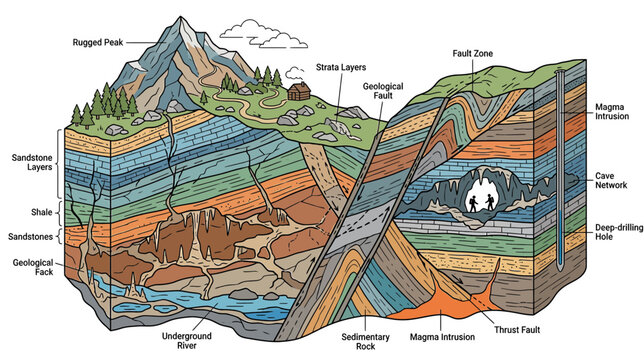 Geological Cross-Section of Mountain and Cave System