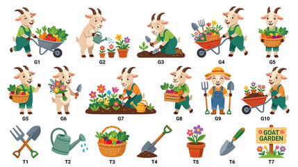 Fototapeta premium Cute Cartoon Goat Gardening and Farming Illustrations Set
