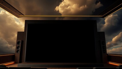 Fototapeta premium Dark home theater setup. Large screen dominates space, flanked by speakers. Dramatic sky visible above seating area. Warm lighting accents room.