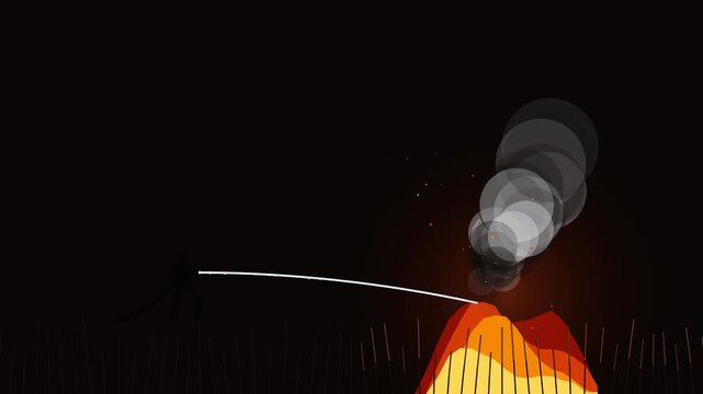 Firefighter extinguishing a large bonfire with water hose animation