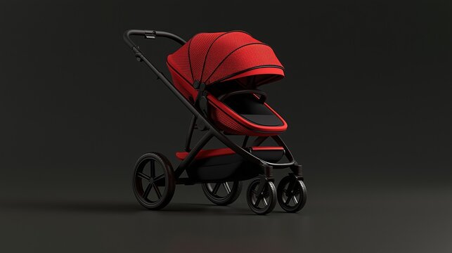 Modern red and black baby stroller with breathable mesh fabric canopy displayed against plain dark grey background shows high quality baby transport and parenting product concept