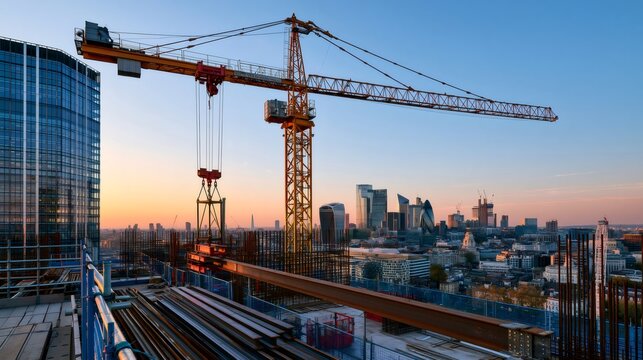 London skyline construction with tower crane at sunset