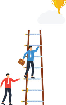 Businessman climbing dangerous ladder rungs made of sharp swords representing business challenge and corporate competition for ambitious goal success journey painful struggle achievement concept.