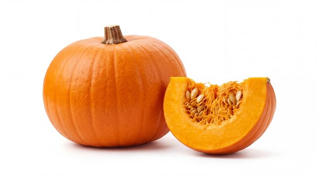 Fresh orange pumpkin with a slice showing seeds inside