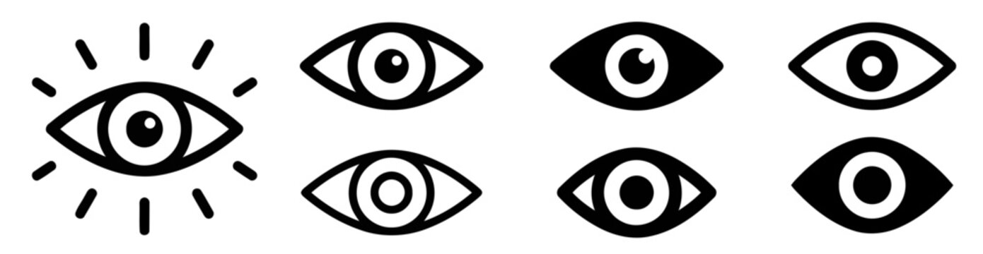 Black eye vision and look graphic icon symbols set with collection interface perception awareness security monitoring illustration visibility
