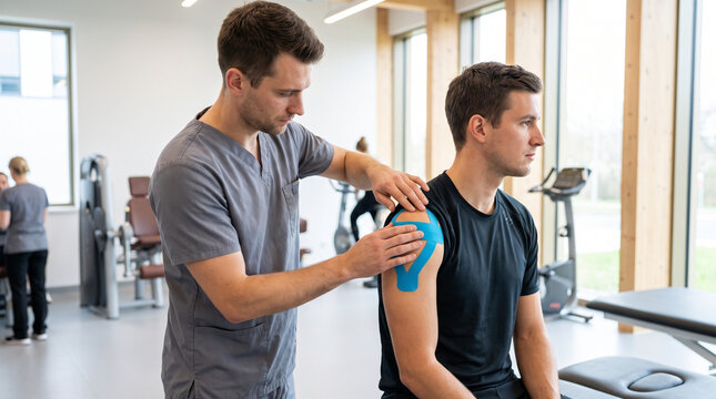 Male physical therapist applying kinesiology tape to male patient's shoulder in clinic