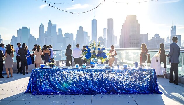 People mingling at a sunset rooftop party with a New York City skyline backdrop.