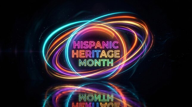Texto Hispanic Heritage Month en luces de ne&oacute;n brillantes con estelas de colores y reflejo sobre fondo oscuro para celebraci&oacute;n cultural.