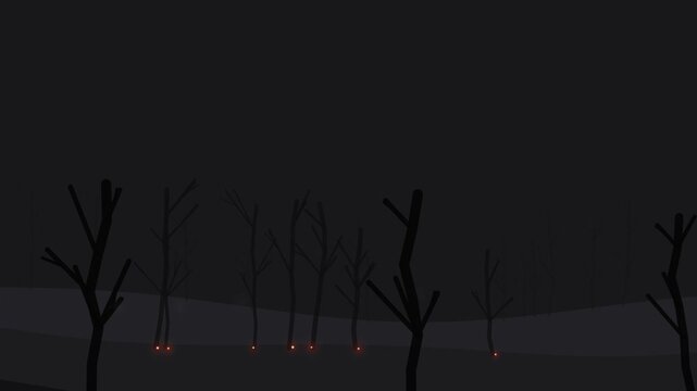 Dark eerie forest animation with glowing firefly lights and bare trees