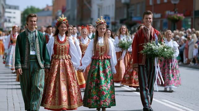 Young Polish couples in traditional folk costumes with crowns during a vibrant outdoor harvest festival parade