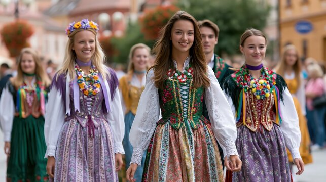 Young women in traditional embroidered folk costumes walking in a sunny street during a cultural festival celebration