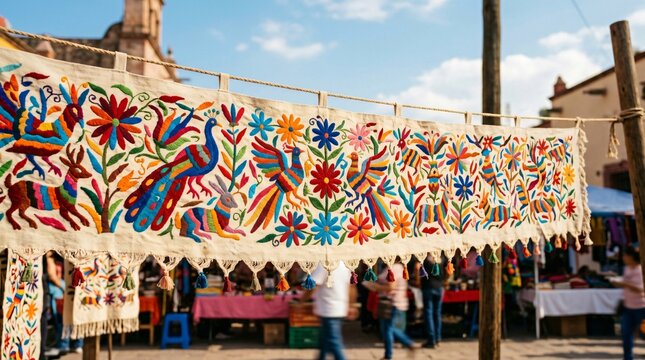 Bordado tradicional mexicano Otom&iacute; Tenango con coloridos animales y flores en mercado artesanal al aire libre, arte folcl&oacute;rico y cultura.