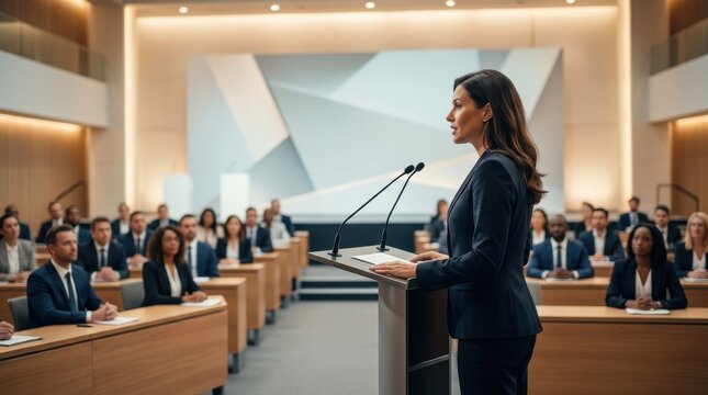Confident Female Speaker Delivering an Inspiring Keynote Presentation at a Professional Business Conference Event in a Large Modern Auditorium Venue