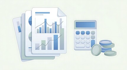 Fototapeta premium Business reports with calculator and stacks of silver coins.