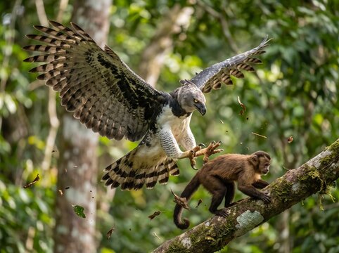 A majestic harpy eagle swoops down to capture a monkey in the dense green foliage of the tropical rainforest.