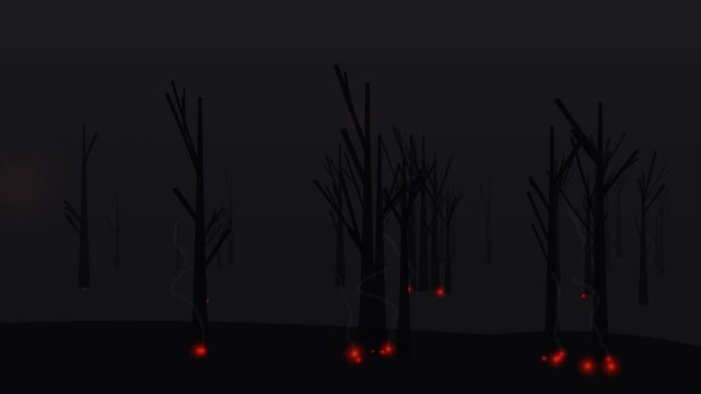 Dark Spooky Forest with Glowing Red Embers and Fog in Night Animation