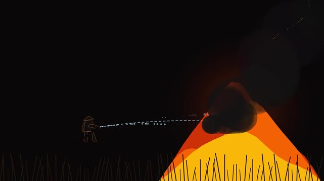 Animated minimalist stick figure character shooting weapon at burning volcano